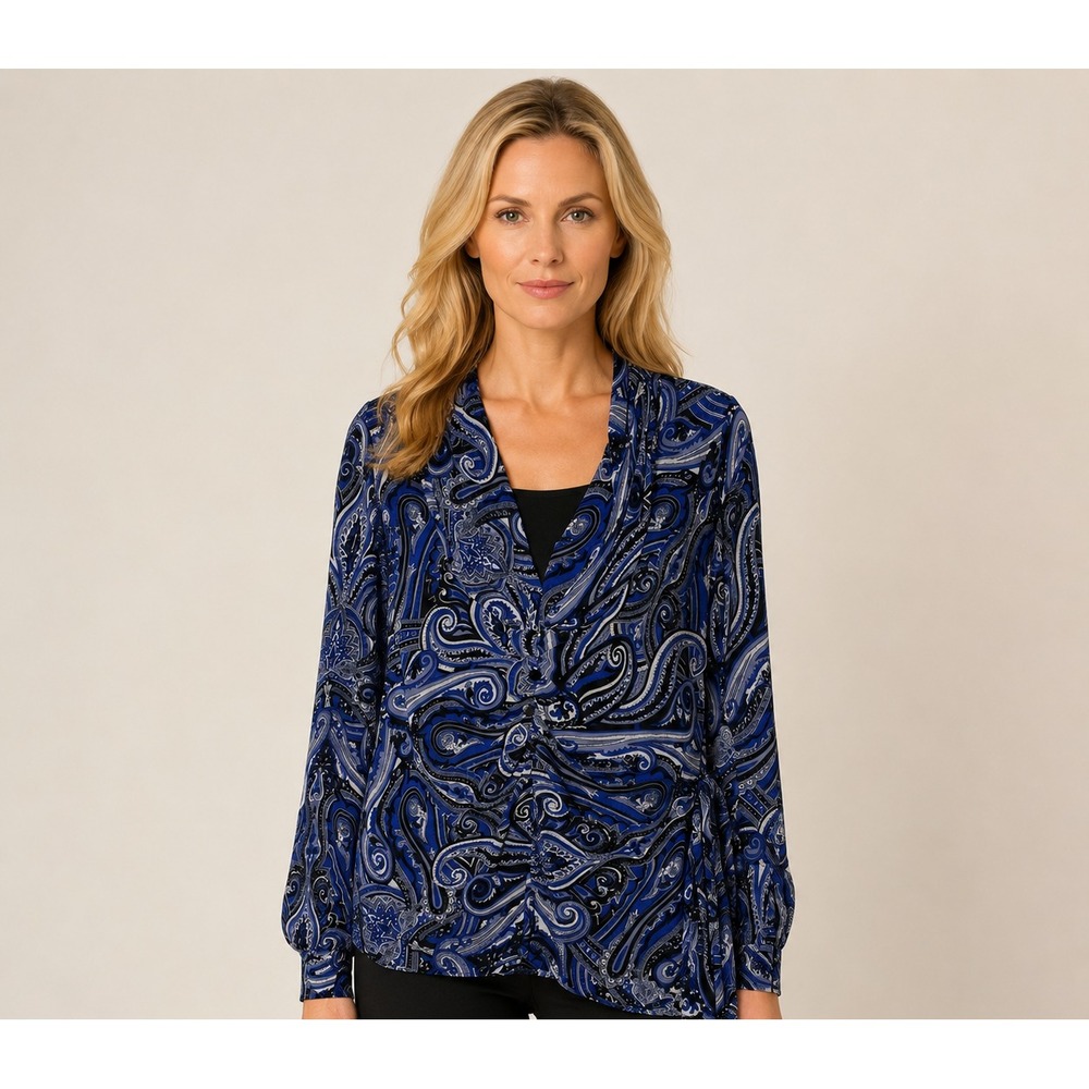 Alex Evenings Blue Paisley Ruched Blouse Stretch Career Cruise Party Size XL